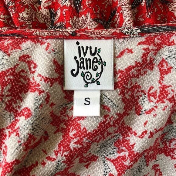 Ivy Jane Red Floral Bird Print Low Cut Long Sleeve Blouse Small - Picture 6 of 6